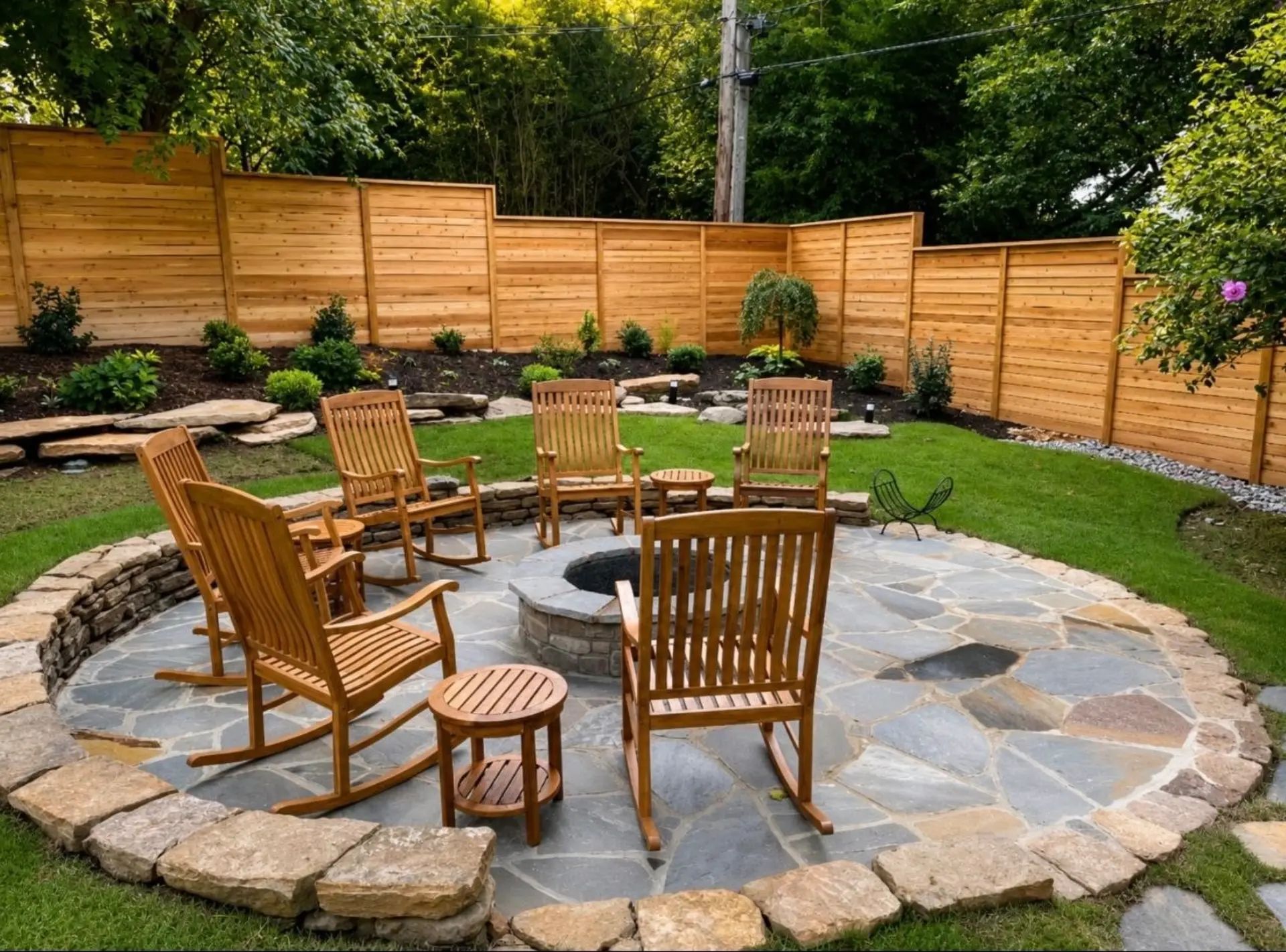 Horizontal custom cedar fence around a landscaped backyard with large stones and a central firepit.